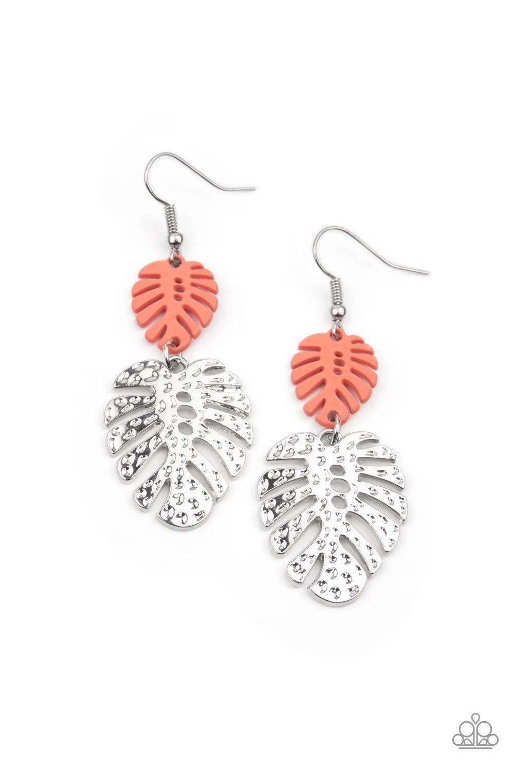 Paparazzi Accessories Palm Tree Cabana - Orange A coral palm leaf attaches to a hammered silver palm leaf, creating a colorful island inspired frame. Earring attaches to a standard fishhook fitting.Sold as one pair of earrings. Jewelry