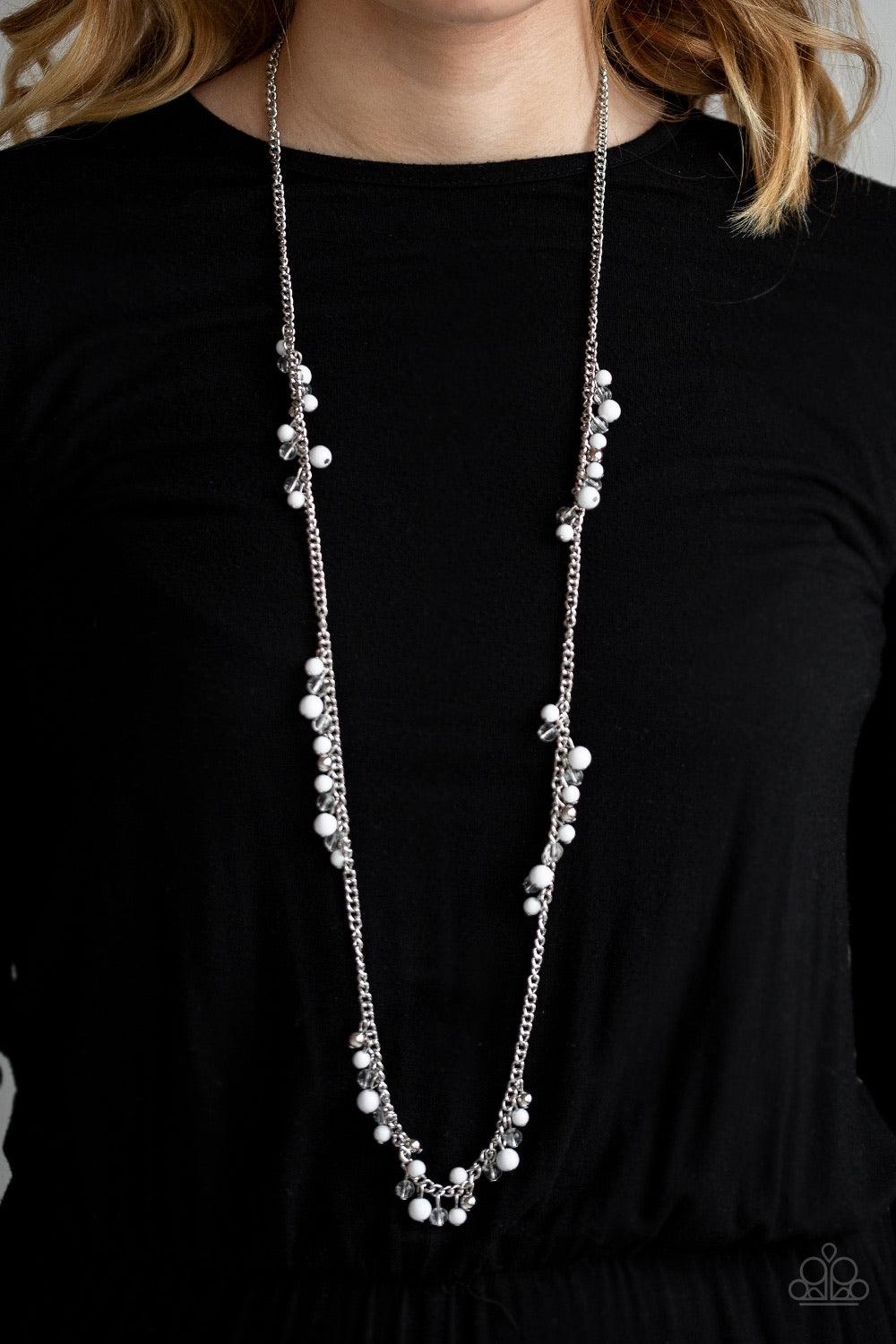 Paparazzi Accessories Miami Mojito - White Sections of shiny silver, polished white, and glassy beads trickle along a shimmery silver chain along the chest for a flirtatious look. Features an adjustable clasp closure. Jewelry