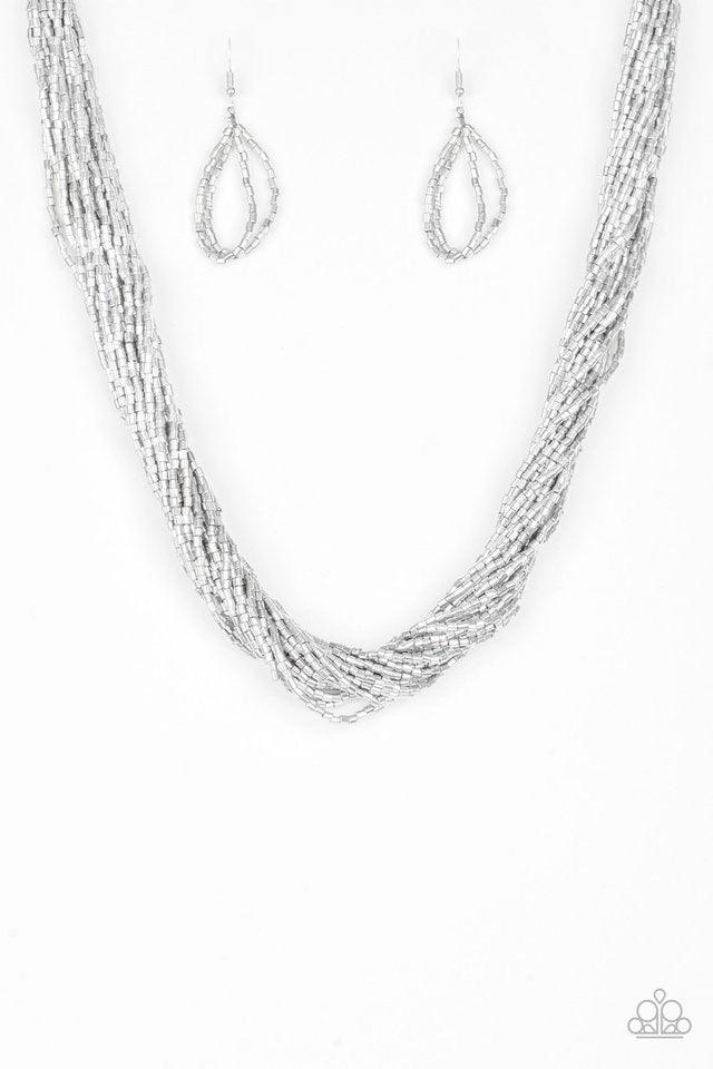 Paparazzi Accessories The Speed of STARLIGHT - Silver Strands of glistening silver seed beads subtlety twist below the collar, coalescing into a blinding shimmer. Features an adjustable clasp closure. Sold as one individual necklace. Includes one pair of