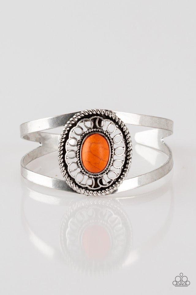 Paparazzi Accessories Deep In The TUMBLEWEEDS - Orange Featuring a vivacious orange stone center, an ornate silver frame sits atop an airy silver cuff for a seasonal look. Jewelry