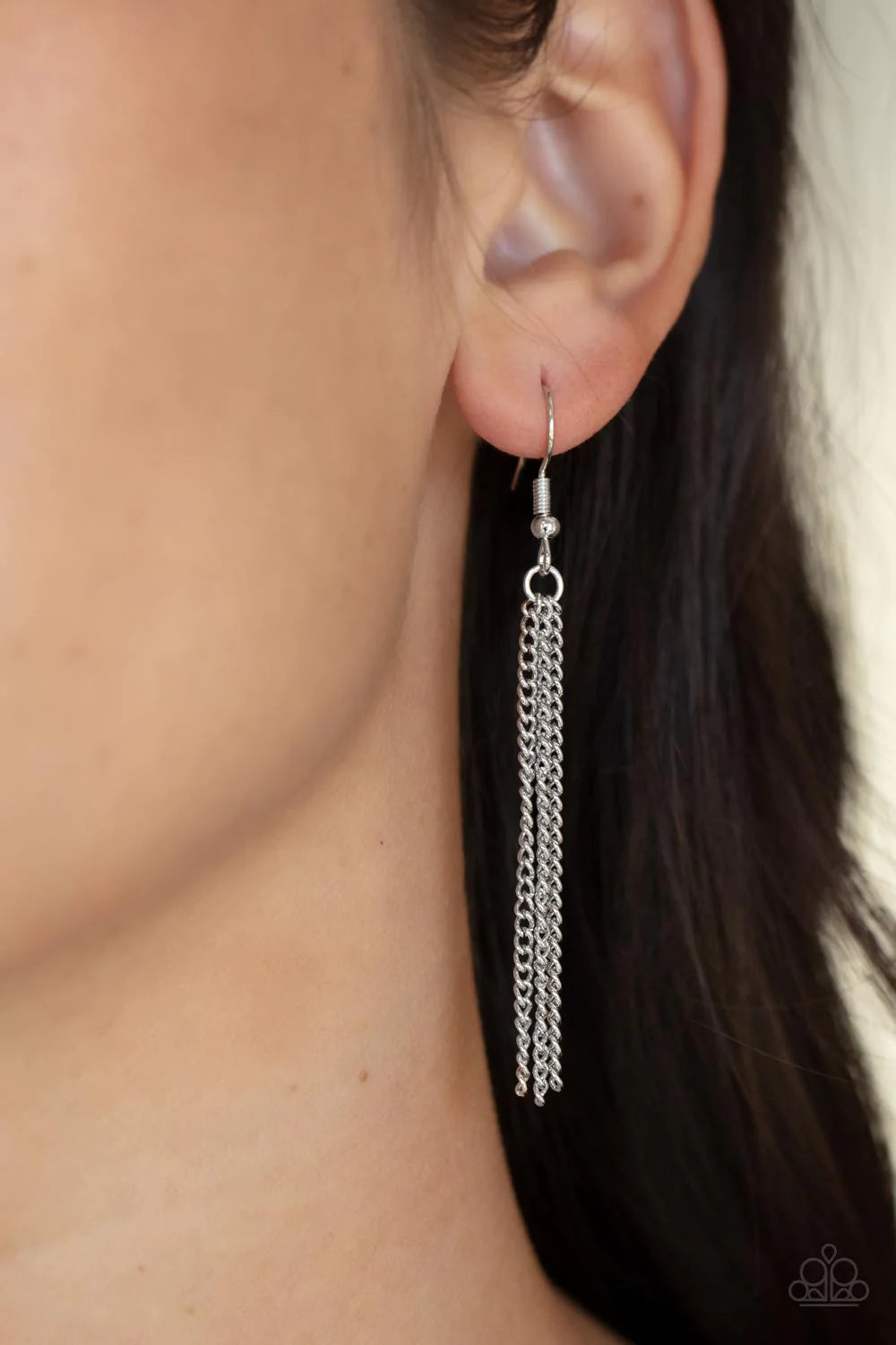 Paparazzi Accessories Proudly Prismatic - Blue Featuring an iridescent UV shimmer, an oversized blue triangular gem swings from the bottom of a lengthened silver chain. A curtain of silver chains streams out from the bottom of the sparkly pendant, adding
