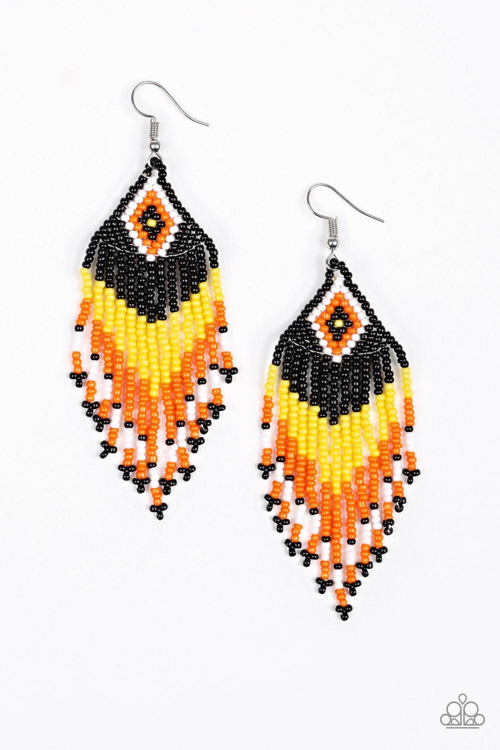 Paparazzi Accessories Wind Blown Wonderer - Yellow Strands of black, orange, white, and yellow seed beads cascade from the bottom of a southwestern beaded pattern, creating a vivacious beaded fringe. Earring attaches to a standard fishhook fitting. Jewelr