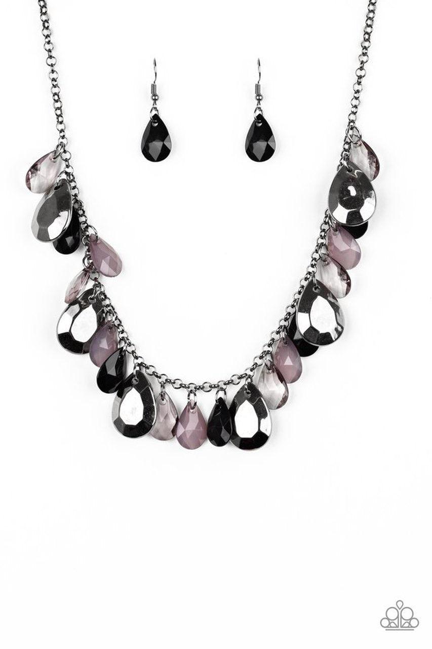 Paparazzi Accessories Hurricane Season - Black Teardrops - Gunmetal Chain Necklace and matching Earrings. Polished blackand smoky teardrops drip from the bottom of a shimmery gunmetal chain. Faceted gunmetal teardrops trickle between the colorful beading,