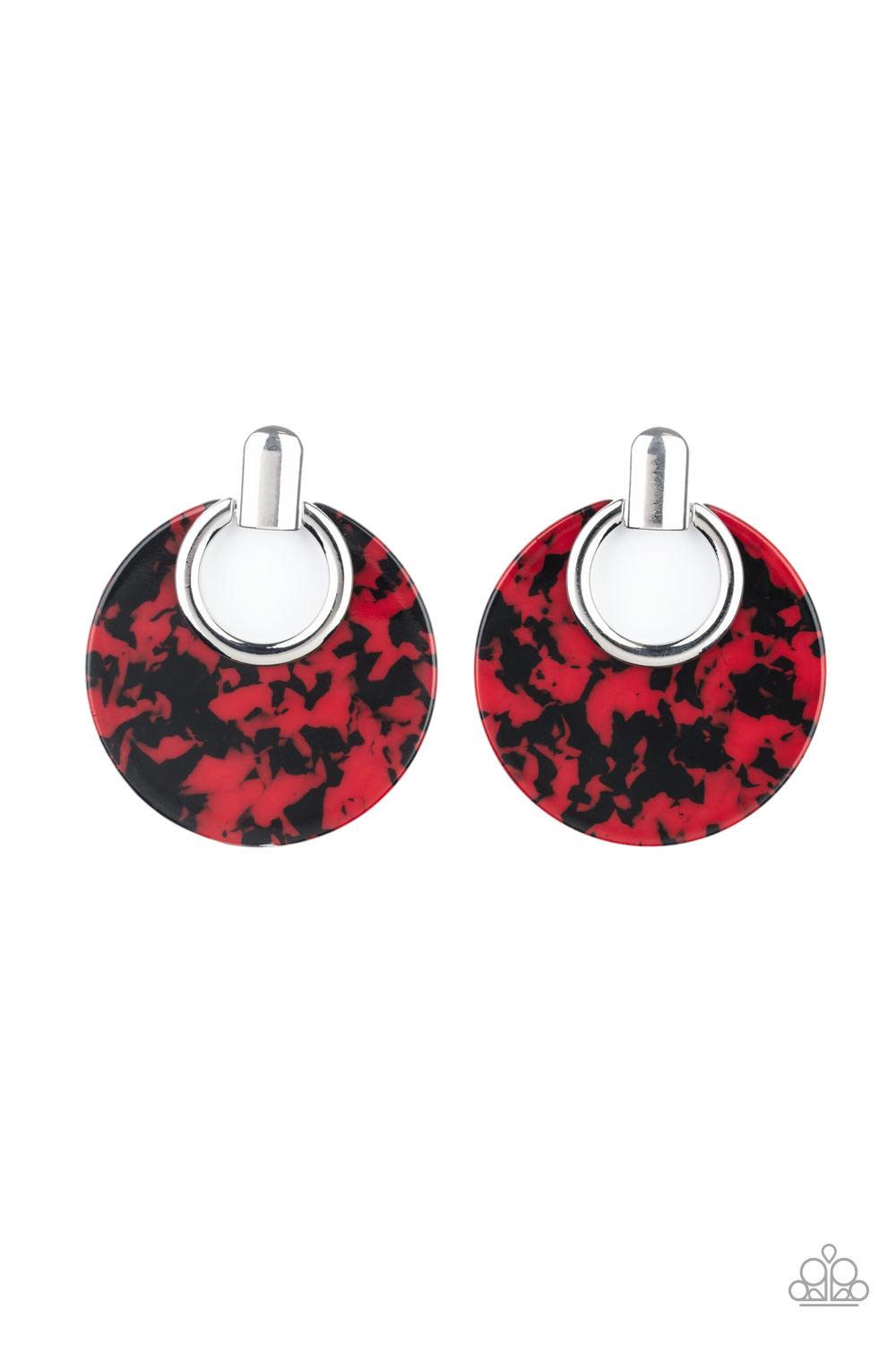 Paparazzi Accessories Metro Zoo - Red Featuring a red and black tortoise shell finish, a colorful acrylic frame attaches to a sleek silver fitting for a retro look. Earring attaches to a standard post fitting. Color may vary. Sold as one pair of post earr