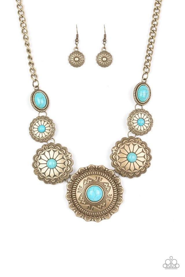 Paparazzi Accessories Mayan Marvel - Brass Radiating with tribal inspired textures, round brass frames link below the collar in a seasonal fashion. Refreshing turquoise stones are pressed into the ornate centers for a seasonal finish. Features an adjustab