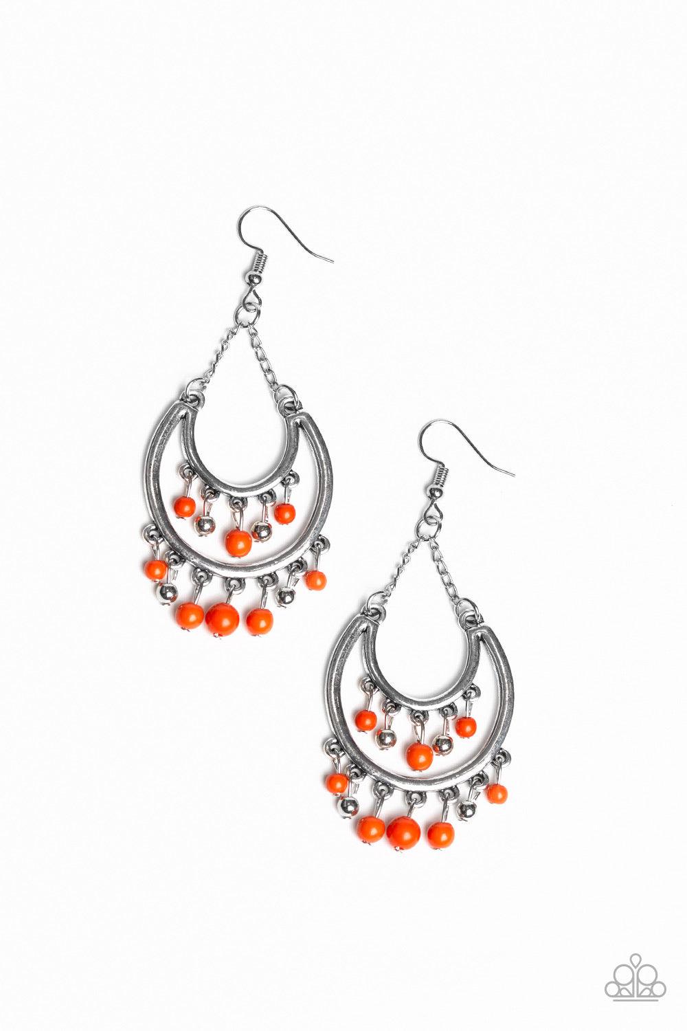 Paparazzi Accessories Free-Spirited Spirit - Orange Dainty orange and silver beads swing from the top and bottom of a shimmery silver half-moon frame, creating a vivacious fringe. Earring attaches to a standard fishhook fitting. Jewelry