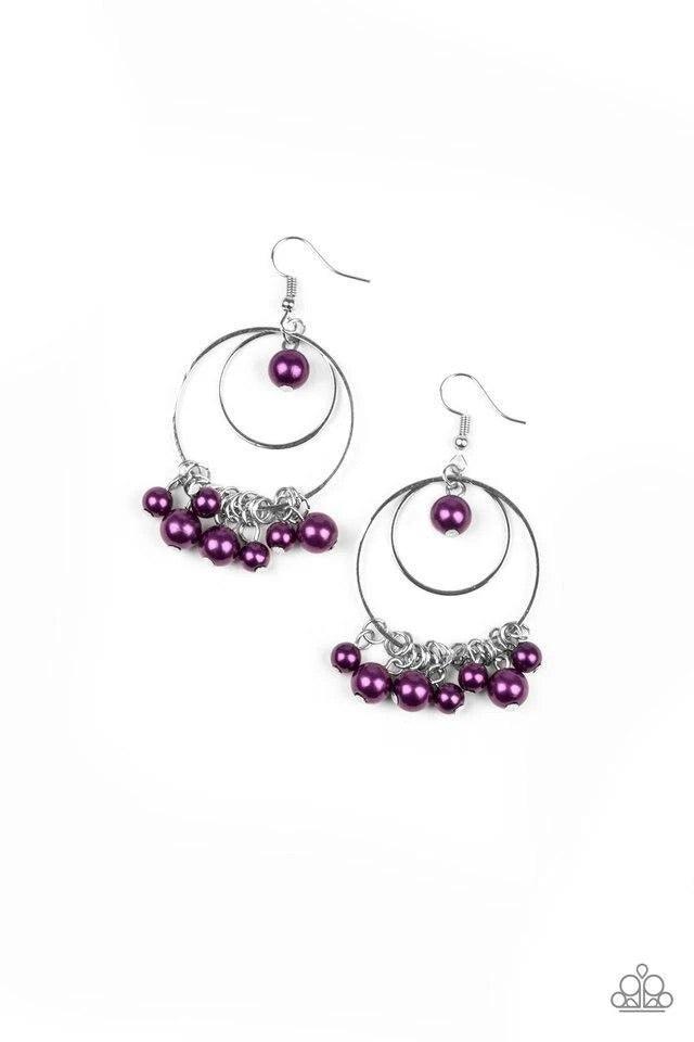 Paparazzi Accessories New York Attraction - Purple Infused with a bubbly purple pearl fringe, a double hoop frame swings from the ear. A solitaire pearl swings from the top of the joined hoops for a refined finish. Earring attaches to a standard fishhook