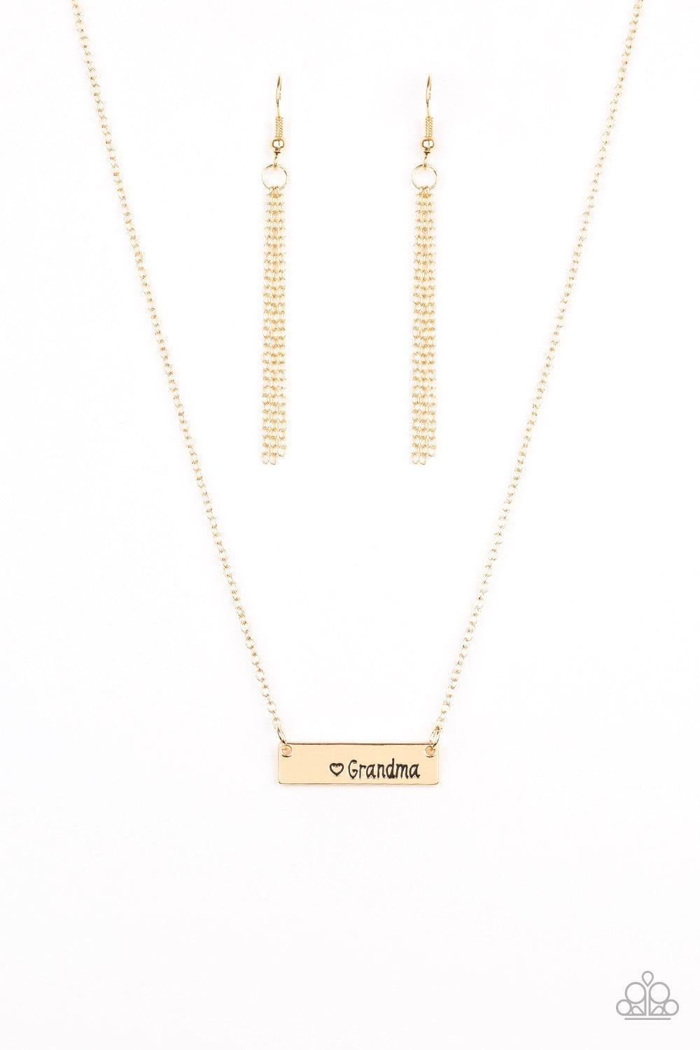 Paparazzi Accessories Best Grandma EVER - Gold A shimmery gold frame stamped with the word, "Grandma", is suspended horizontally below the collar for a sentimental fashion. Features an adjustable clasp closure. Jewelry