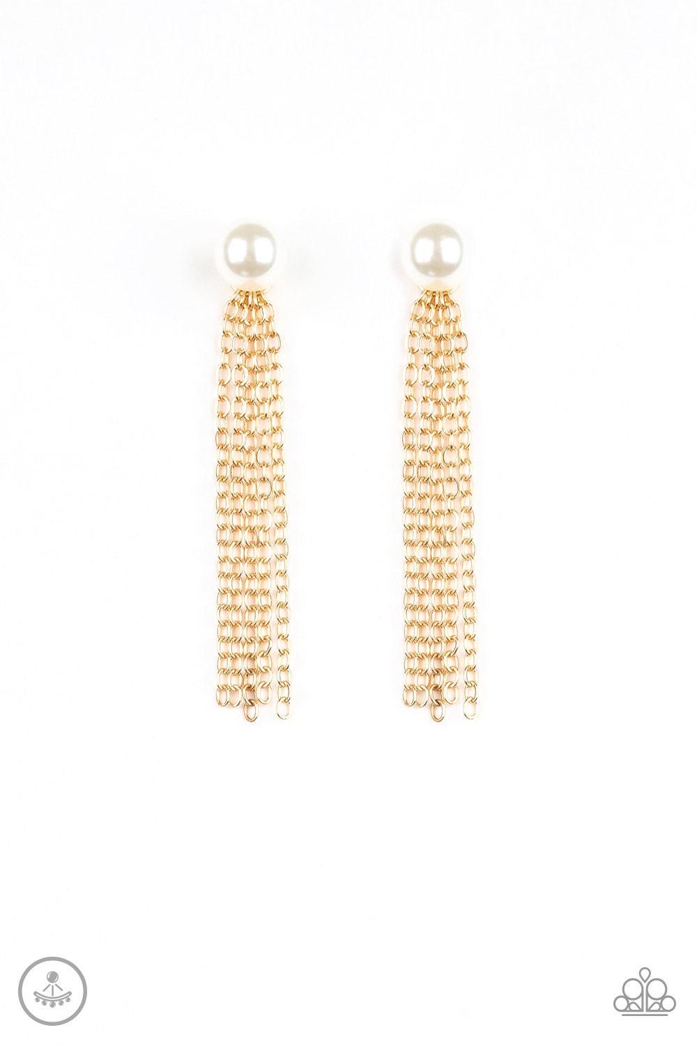 Paparazzi Accessories Rebel Refinement - Gold A solitaire white pearl attaches to a double-sided post, designed to fasten behind the ear. Brushed in a high-sheen shimmer, glistening gold chains peek out beneath the ear for a bold tasseled look. Earring at