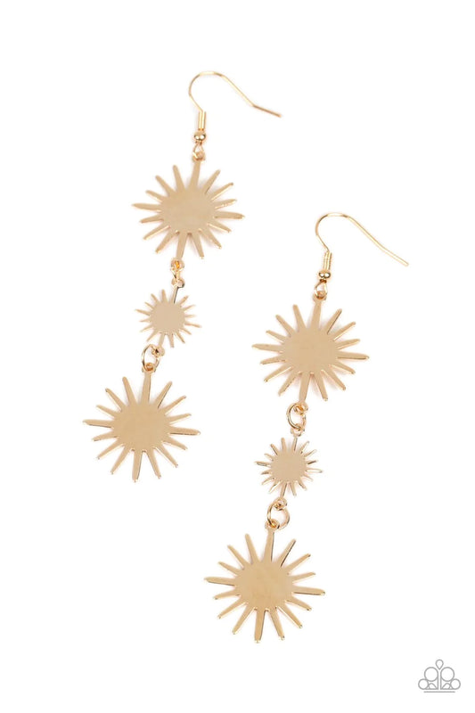 Paparazzi Accessories Solar Soul - Gold Varying in size, a trio of starry gold sunburst frames delicately links into a lengthened lure for a celestial vibe. Earring attaches to a standard fishhook fitting. Sold as one pair of earrings.