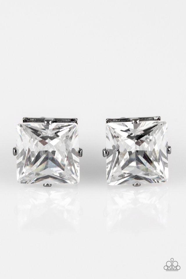 Paparazzi Accessories Prima Donna Drama - Black Featuring a regal princess style cut, an oversized white gem sits atop a classic gunmetal frame in a dramatic finish. Earring attaches to a standard post fitting. Jewelry