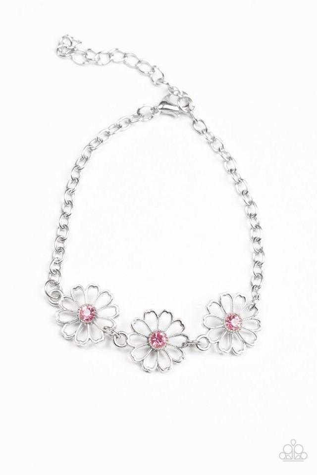 Paparazzi Accessories Dancing Daffodils - Pink Stenciled silver floral charms link around the wrist. Glittery pink rhinestones dot the dainty floral centers, adding a whimsical finish to the airy palette. Features an adjustable clasp closure. Sold as one
