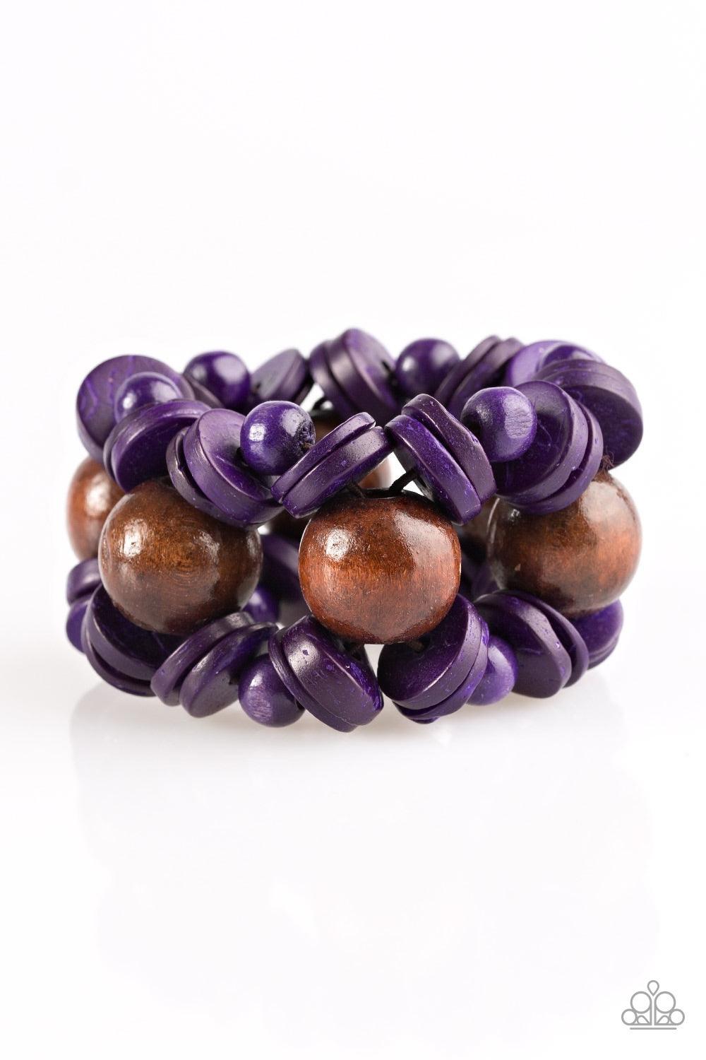 Paparazzi Accessories Fiji Fabulous - Purple Vivacious purple and earthy brown wooden accents are threaded along elastic stretchy bands for a seasonal look. Bracelets