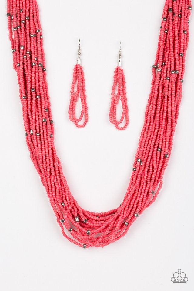 Paparazzi Accessories Summer Samba - Orange Countless coral seed beads drape into a gorgeous layered cascade below the collar. Dainty metallic accents are sprinkled between the colorful beads, adding irresistible hints of shimmer to the seasonal palette.