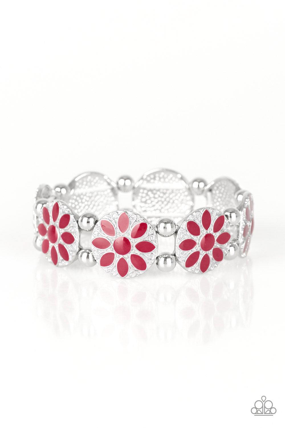 Paparazzi Accessories Dancing Dahlia - Red Painted in a rich red finish, ornate silver floral frames are threaded along a stretchy band across the wrist for a seasonal look. Sold as one individual bracelet Jewelry