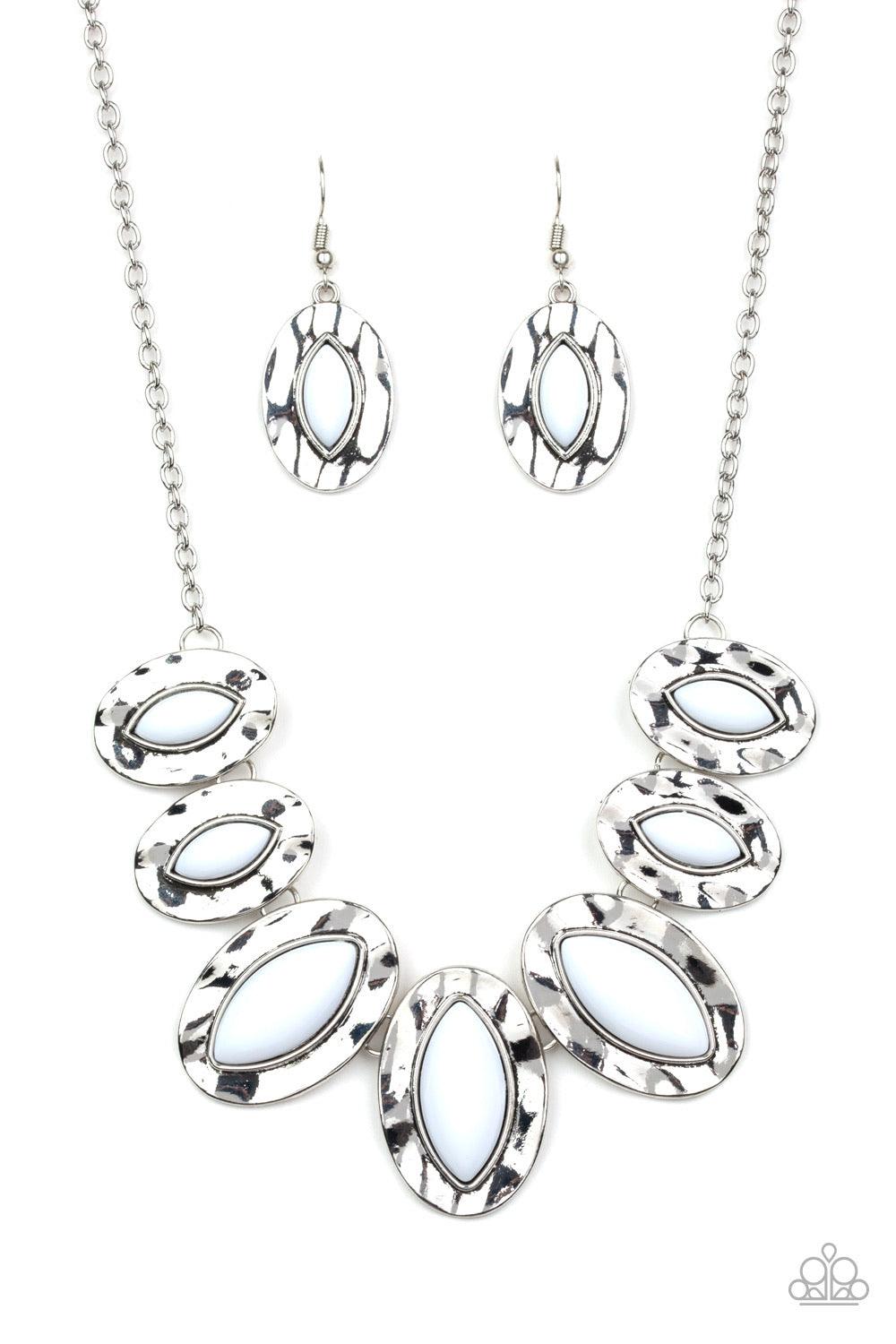 Paparazzi Accessories Terra Color - White Dotted with shiny white beads, a collection of hammered geometric frames gradually increase in size as they fan out below the collar for a boldly colorful look. Features an adjustable clasp closure. Sold as one in
