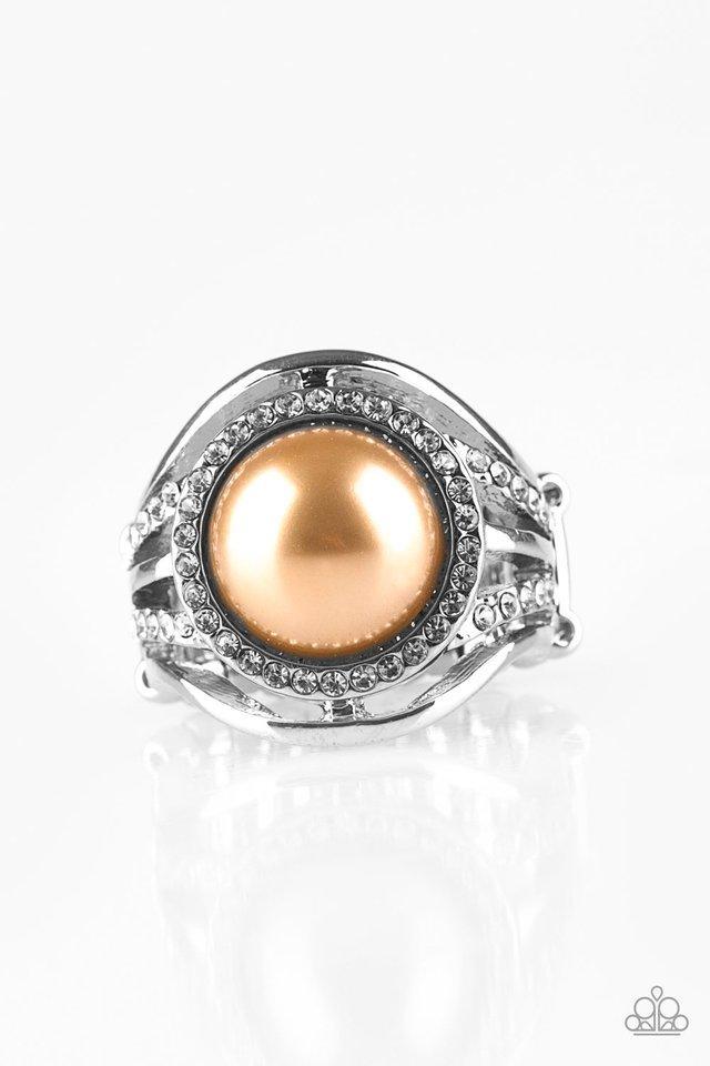Paparazzi Accessories Pampered In Pearls ~Brown Shiny silver bands and white rhinestone encrusted bands flare from a brown pearl drop center for a glamorous look. Features a stretchy band for a flexible fit. Sold as one individual ring. Jewelry