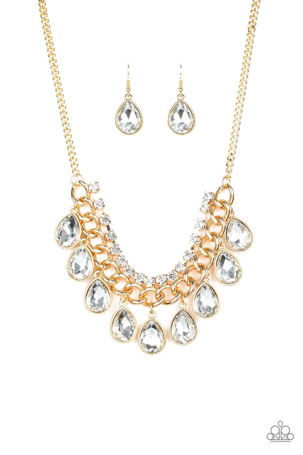 Paparazzi Accessories All Toget-HEIR Now - Gold Teardrop rhinestones swing from the bottom of a bold gold chain, creating a dramatic fringe below the collar. A strand of glittery white rhinestones attach to the top of a shimmery gold chain, adding a refin