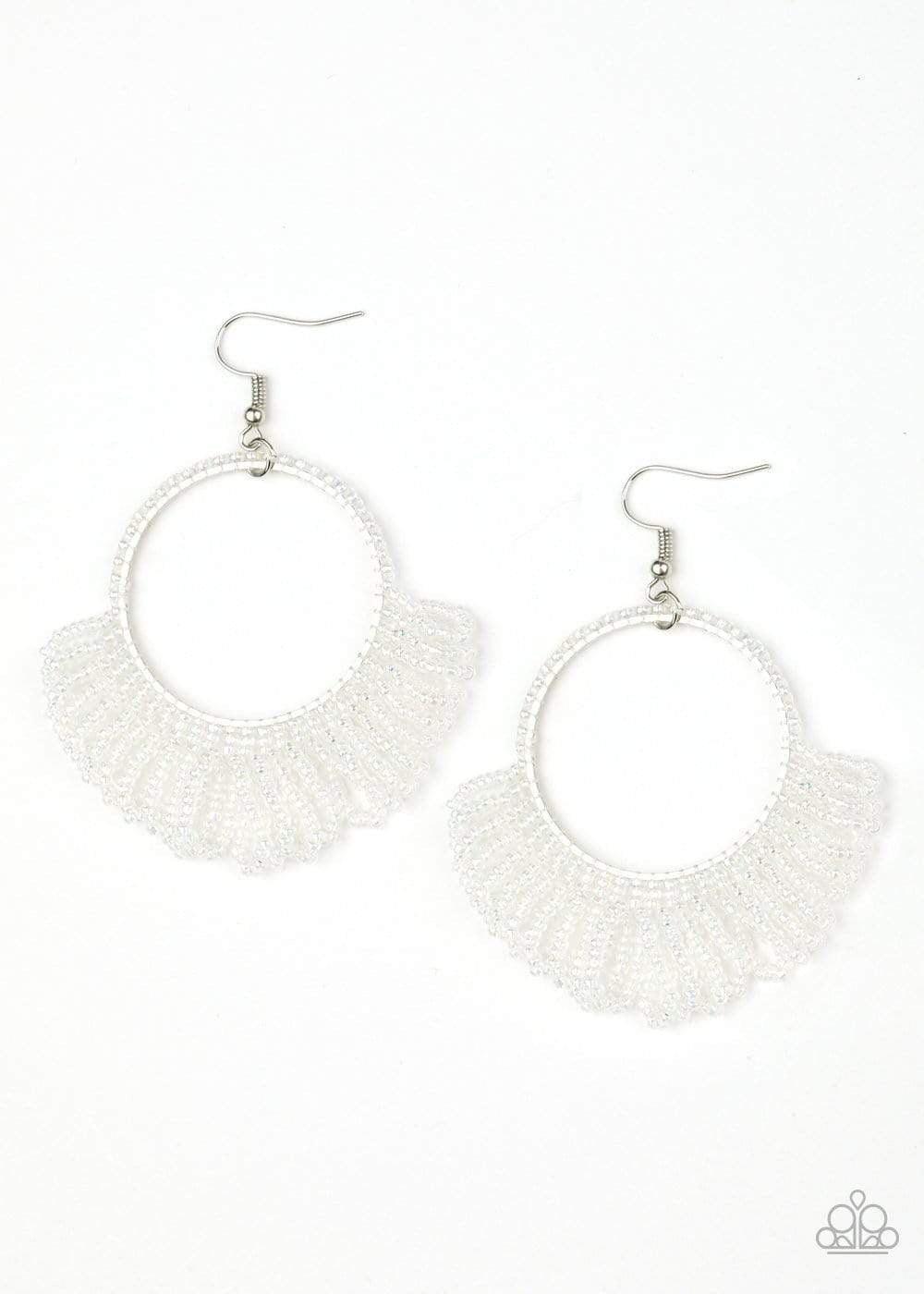 Paparazzi Accessories Can’t BEAD-lieve My Eyes! - Multi Rings of dainty iridescent seed beads cascade from the bottom of a matching beaded hoop, creating a dramatically colorful fringe. Earring attaches to a standard fishhook fitting. Sold as one pair of