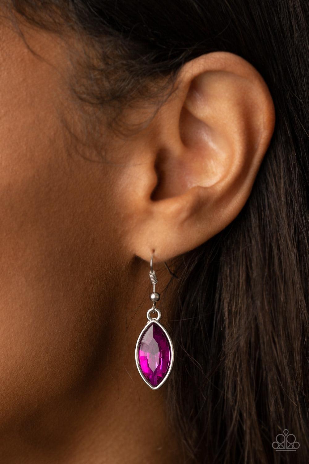 Paparazzi Accessories Unlimited Sparkle ~Pink Featuring a regal marquise style cut, a dramatically oversized Pink Peacock rhinestone swings from a chunky silver chain, creating a gorgeous pendant below the collar. Features a toggle closure. Sold as one in