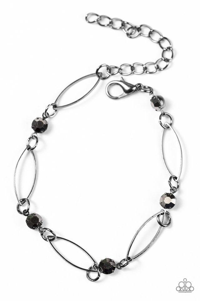 Paparazzi Accessories The Right Time ~Black Elegant marquise shaped frames join classic gunmetal hoops around the wrist. Glittery blue rhinestones trickle between the joined frames, adding a refined sparkle to the timeless palette. Features an adjustable