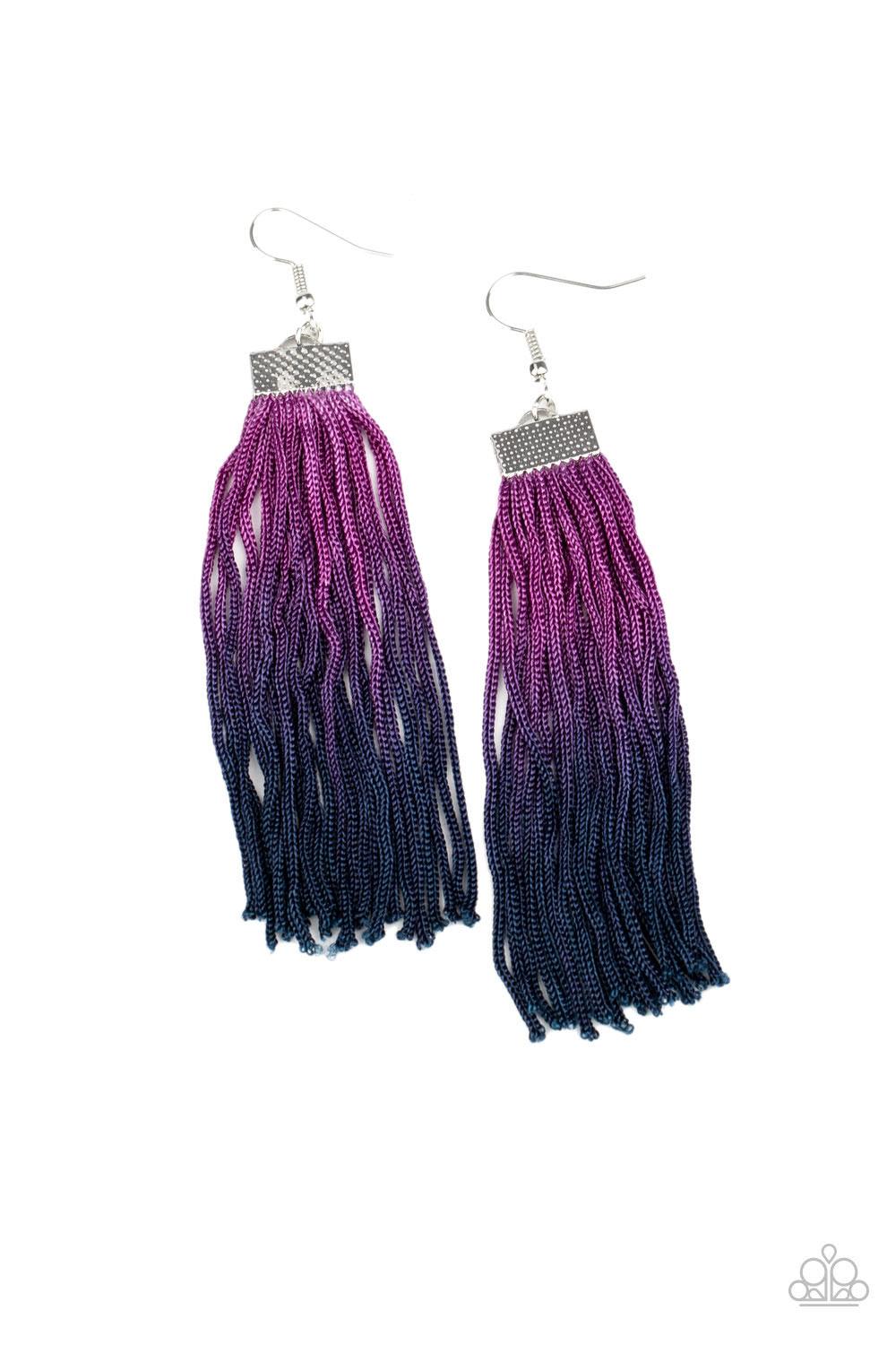 Paparazzi Accessories Dual Immersion - Purple Colorful threaded tassels gradually darken from Magenta Purple to Blue Depths, creating a vivacious fringe at the bottom of a hammered silver fitting. Earring attaches to a standard fishhook fitting. Sold as o