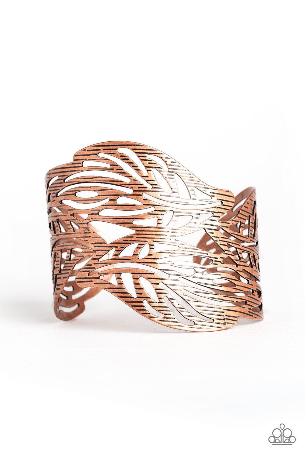 Paparazzi Accessories Leafy Lei - Copper Finely etched in linear patterns, a leafy copper cuff delicately wraps around the wrist for a statement-making seasonal finish. Jewelry
