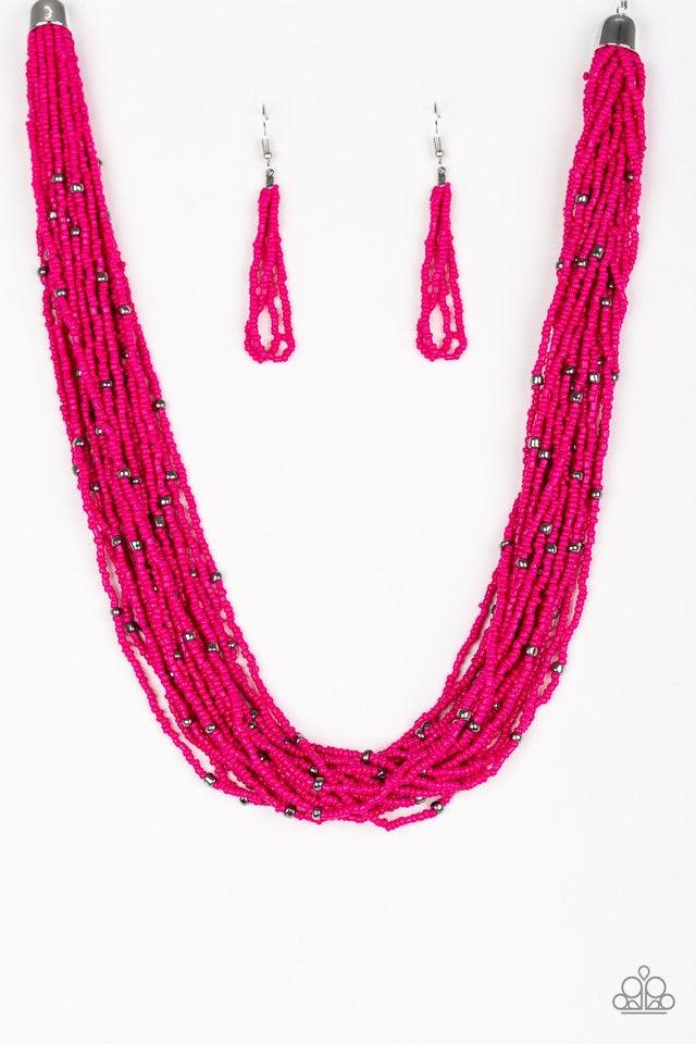Paparazzi Accessories Summer Samba - Pink Countless Pink Peacock seed beads drape into a gorgeous layered cascade below the collar. Dainty metallic accents are sprinkled between the colorful beads, adding irresistible hints of shimmer to the seasonal pale
