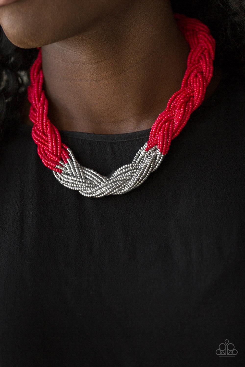 Paparazzi Accessories Brazilian Brilliance - Red Strands of red seed beads create an indigenous braid below the collar. The red seed beads gradually morph into metallic silver beads at the center for a chic contrasting look. Features an adjustable clasp c
