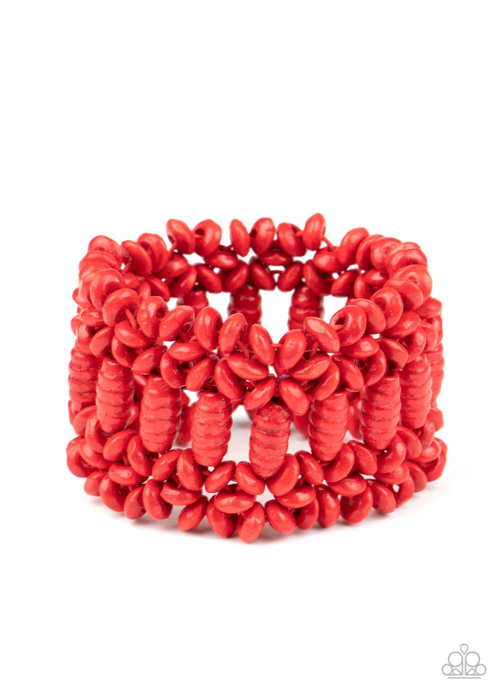 Paparazzi Accessories Fiji Flavor - Red Painted in a fiery red finish, round and oval wooden beads are threaded along stretchy bands that weave into a colorful floral patterned stretch bracelet around the wrist. Sold as one individual bracelet. Jewelry