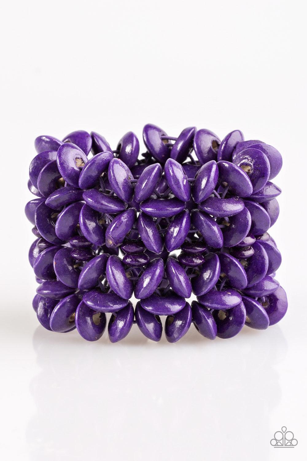 Paparazzi Accessories Hawaii Haven - Purple Vivacious purple wooden accents are threaded along elastic stretchy bands, creating summery floral patterns across the wrist for a seasonal look. Sold as one individual bracelet. Jewelry
