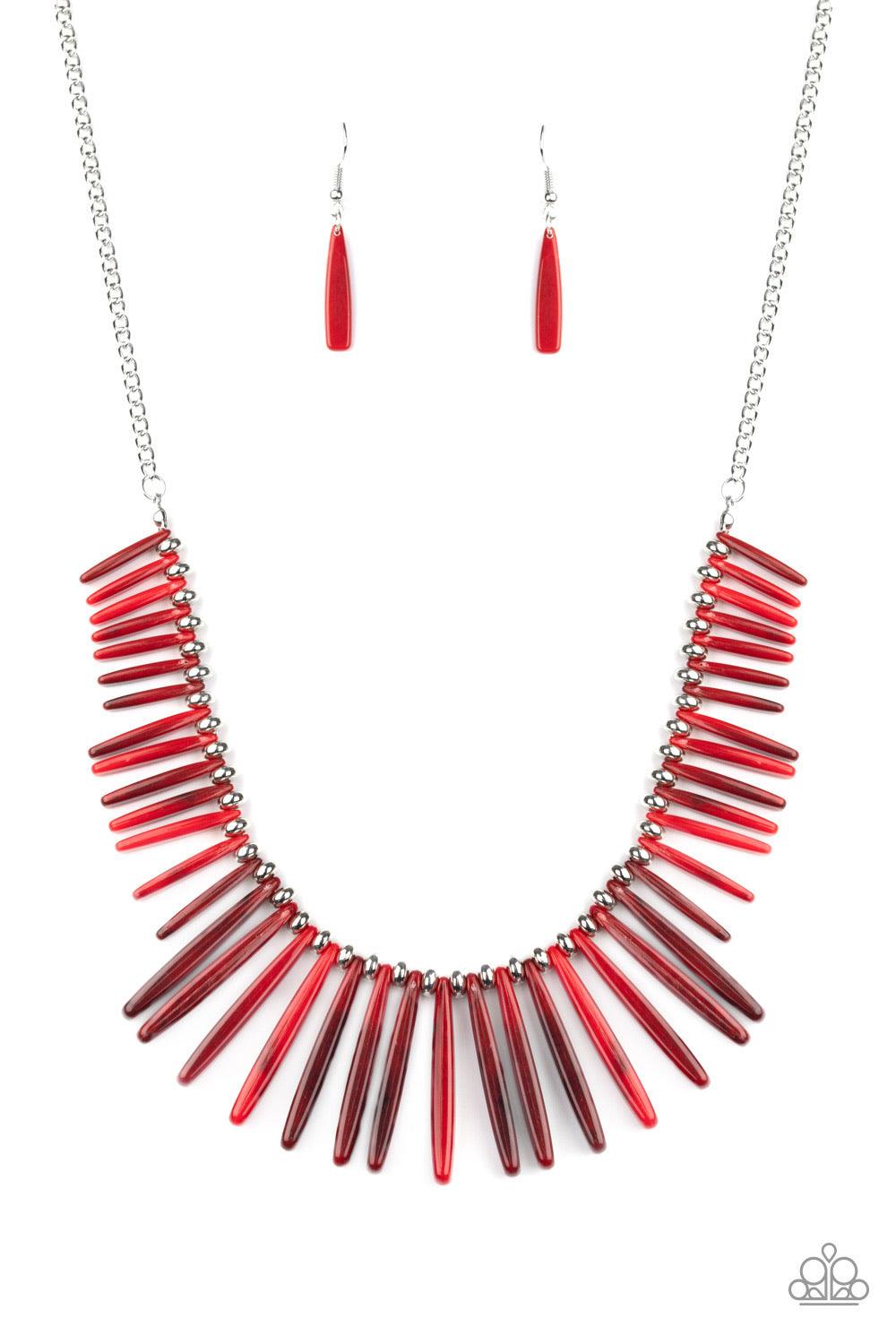 Paparazzi Accessories Out of My Element - Red Flanked by dainty silver beads, smoky red rod-like acrylic frames are threaded along an invisible wire, creating a colorful fringe below the collar. Features an adjustable clasp closure. Sold as one individual