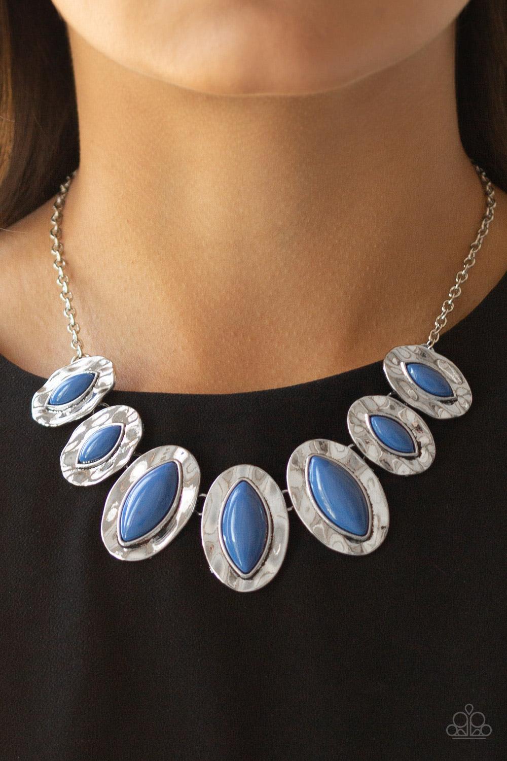 Paparazzi Accessories Terra Color - Blue Dotted with Galaxy Blue beads, a collection of hammered geometric frames gradually increase in size as they fan out below the collar for a boldly colorful look. Features an adjustable clasp closure. Sold as one ind