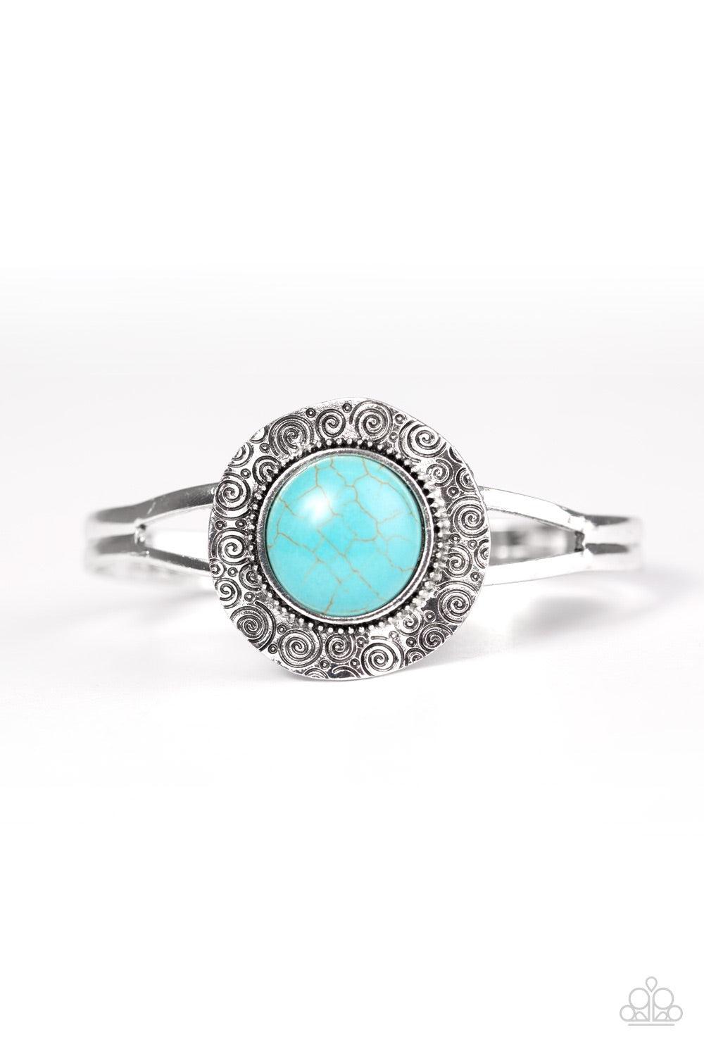 Paparazzi Accessories Natural Environment - Blue Stamped in dizzying swirls, a delicately hammered silver frame spins around a turquoise stone center, creating a handcrafted inspired cuff. Jewelry
