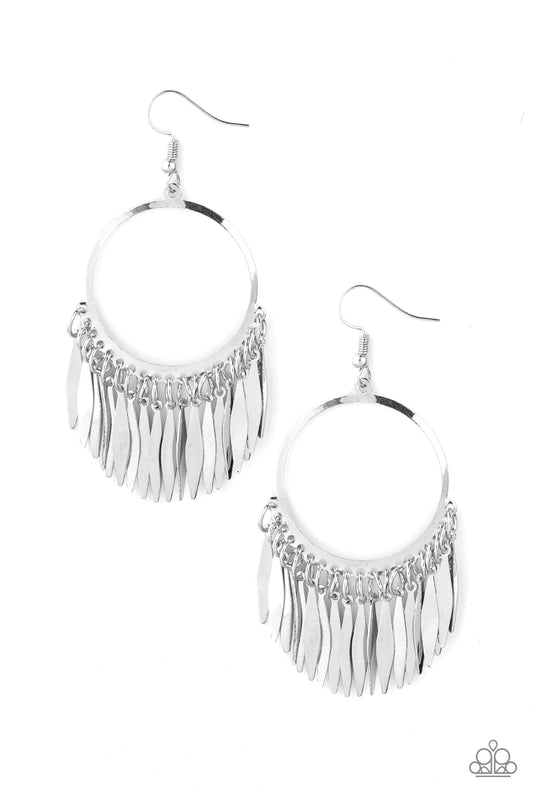 Paparazzi Accessories Radiant Chimes - Silver Flared flat bars stream out from the bottom of a glistening silver hoop, creating a radiant fringe. Earring attaches to a standard fishhook fitting. Sold as one pair of earrings. Jewelry