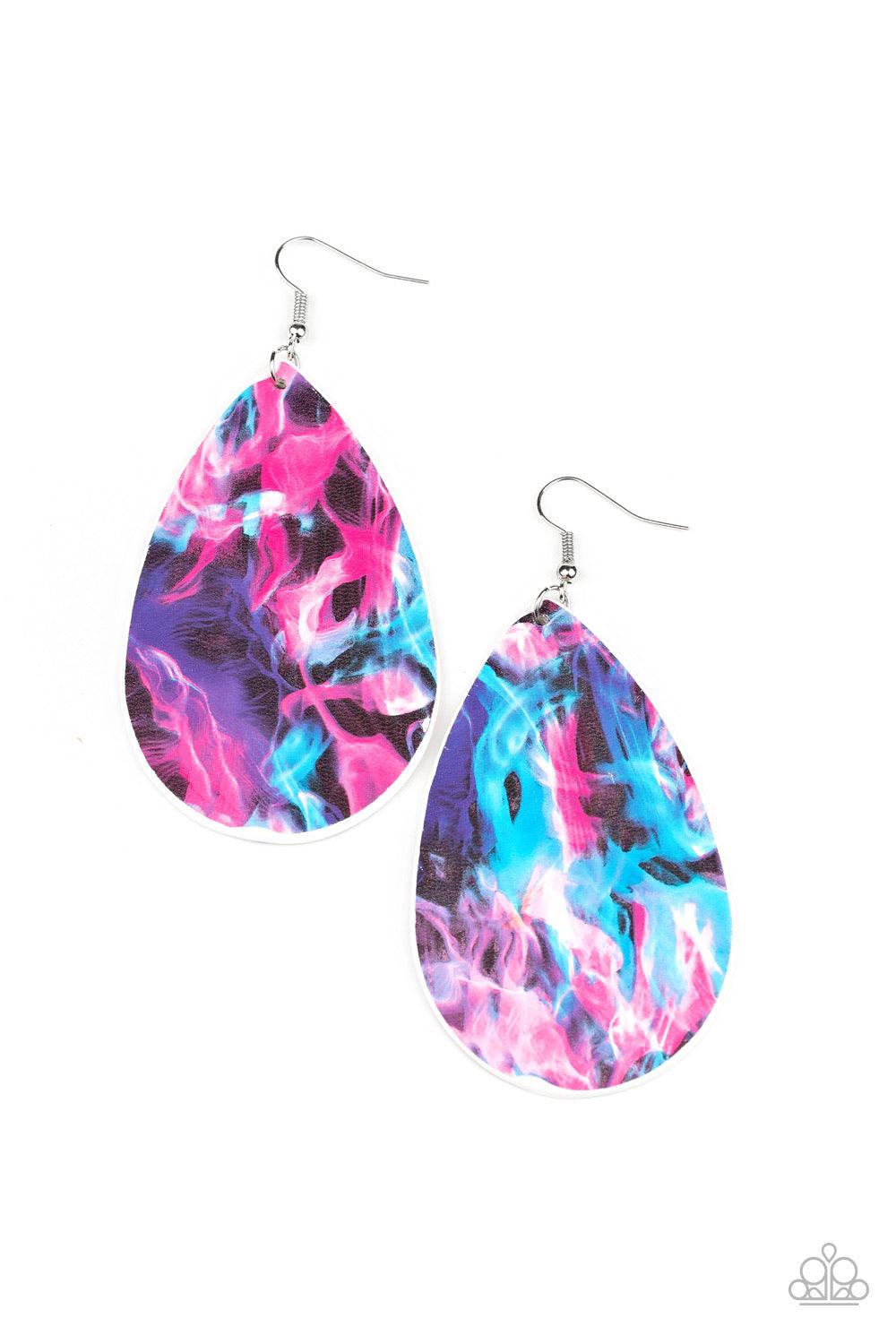 Paparazzi Accessories Mosaic Chic - Multi Featuring a colorful watercolor pattern, a white leather teardrop swings from the ear for a seasonal look. Earring attaches to a standard fishhook fitting. Jewelry
