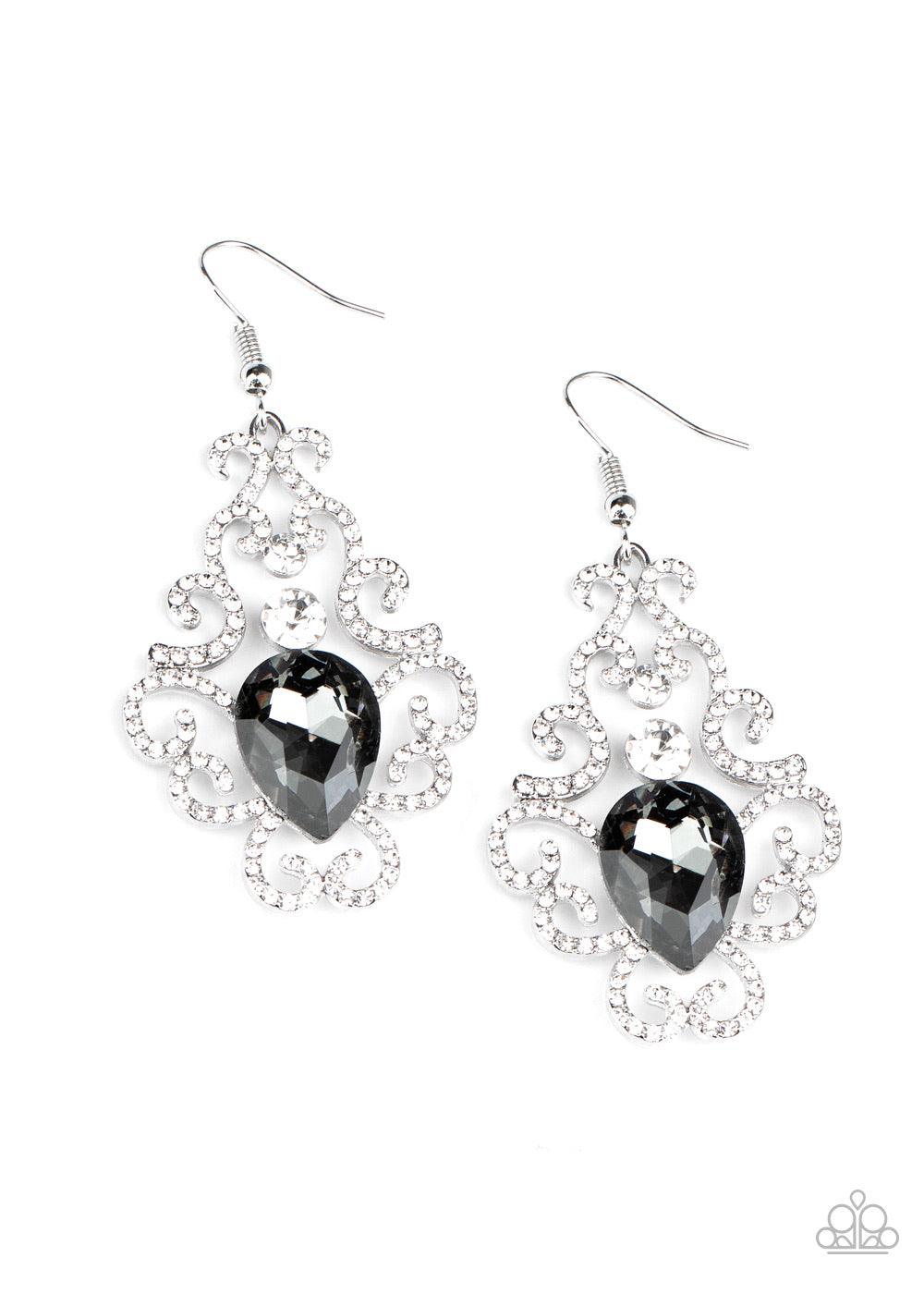 Paparazzi Accessories Happily Ever AFTERGLOW - Silver White rhinestone encrusted silver bars delicately vine around a white rhinestone and smoky teardrop rhinestone center, creating an unapologetic glow. Earring attaches to a standard fishhook fitting. So