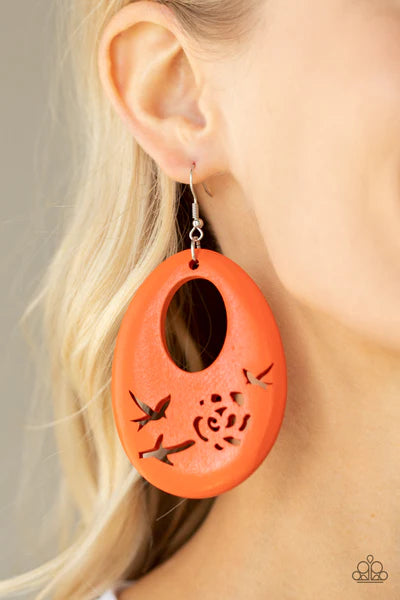 Paparazzi Accessories Home Tweet Home - Orange The bottom of a vivacious orange wooden teardrop frame features bird and floral cutouts, creating a whimsical centerpiece. Earring attaches to a standard fishhook fitting. Sold as one pair of earrings. Jewelr