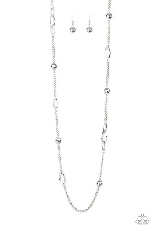 Paparazzi Accessories Duchess Dazzle - Silver A collection of hematite rhinestone gems and abstract silver rings trickle along a classic silver chain across the chest for a refined flair. Features an adjustable clasp closure. Sold as one individual neckla