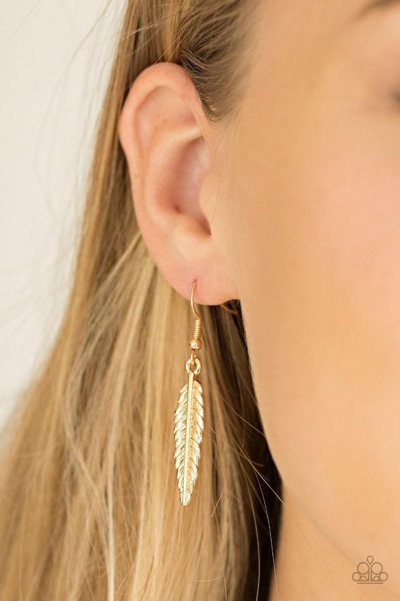 Paparazzi Accessories Light Flight - Gold Brushed in a high-sheen shimmer, lifelike gold feathers link below the collar in a seasonal fashion. Features an adjustable clasp closure. Sold as one individual necklace. Includes one pair of matching earrings. J