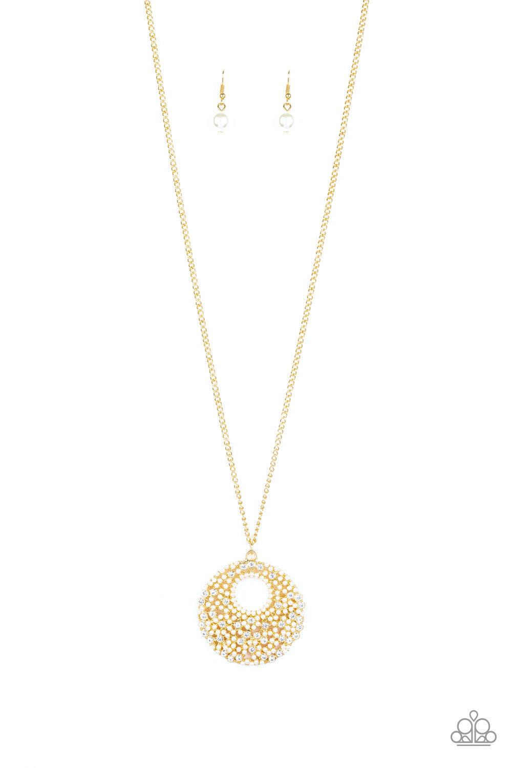 Paparazzi Accessories Pearl Panache - Gold A scatter of dainty white pearls and glassy white rhinestones coalesce into a dramatic pendant at the bottom of a lengthened gold chain for a glamorous look. Features an adjustable clasp closure. Sold as one indi