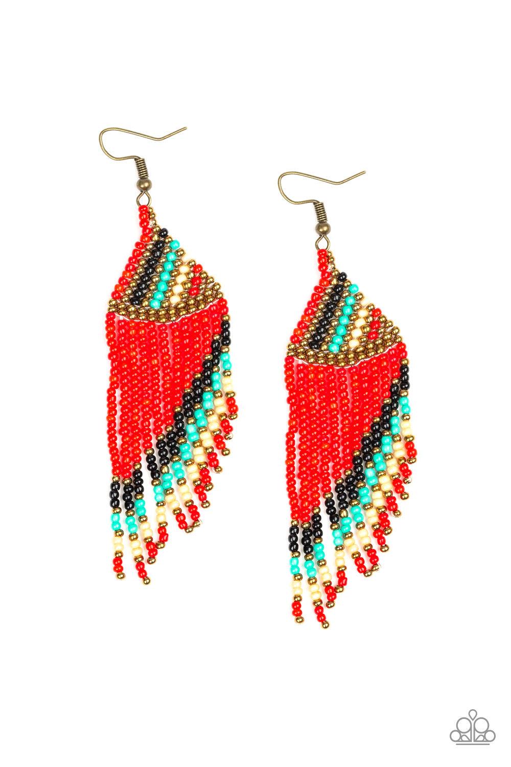 Paparazzi Accessories Bodaciously Bohemian - Red Featuring black, red, brass, blue, and golden-white beads, dainty beaded tassels slant from the bottom of a beaded triangular frame for a tribal inspired look. Earring attaches to a standard fishhook fittin