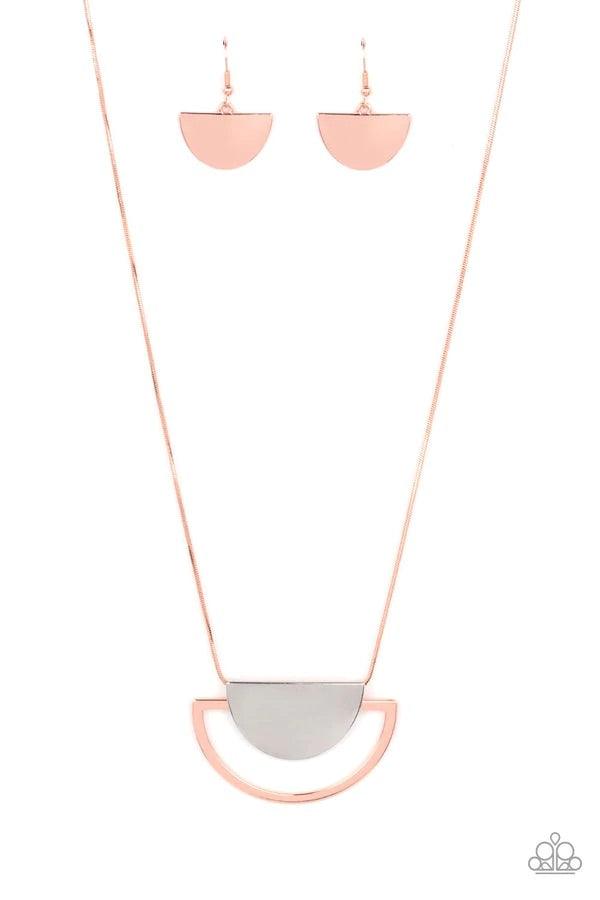 Paparazzi Accessories Lunar Phases - Copper A solid silver halfmoon frame delicately overlaps a shiny copper halfmoon silhouette, creating a classic mixed metal palette at the bottom of a shiny copper snake chain. Features an adjustable clasp closure. Sol