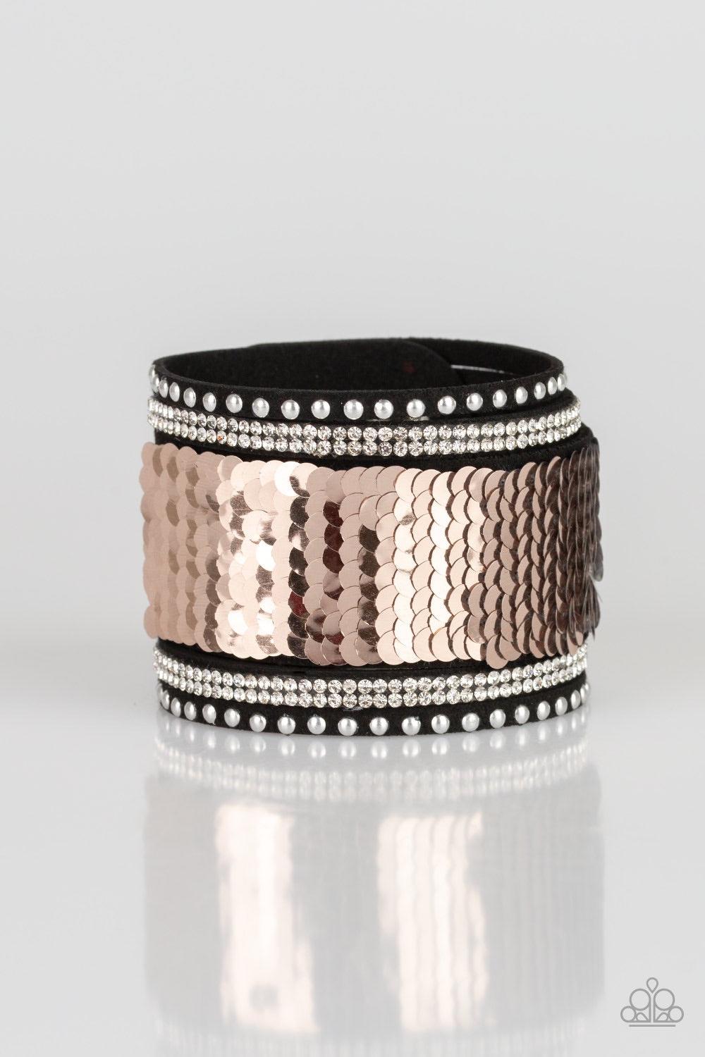 Paparazzi Accessories MERMAIDS Have More Fun - Gold Shiny silver studs, glassy white rhinestones, and shimmering sequins are sprinkled across a thick black suede band that has been spliced into five glittery rows. Bracelet features reversible sequins that