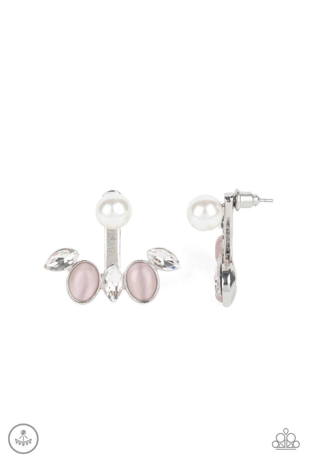 Paparazzi Accessories Modern Sophistication - Pink A solitaire white pearl attaches to a double-sided post, designed to fasten behind the ear. Encrusted in a fringe of glassy white rhinestones and glowing pink cat's eye stones, the angular double-side pos
