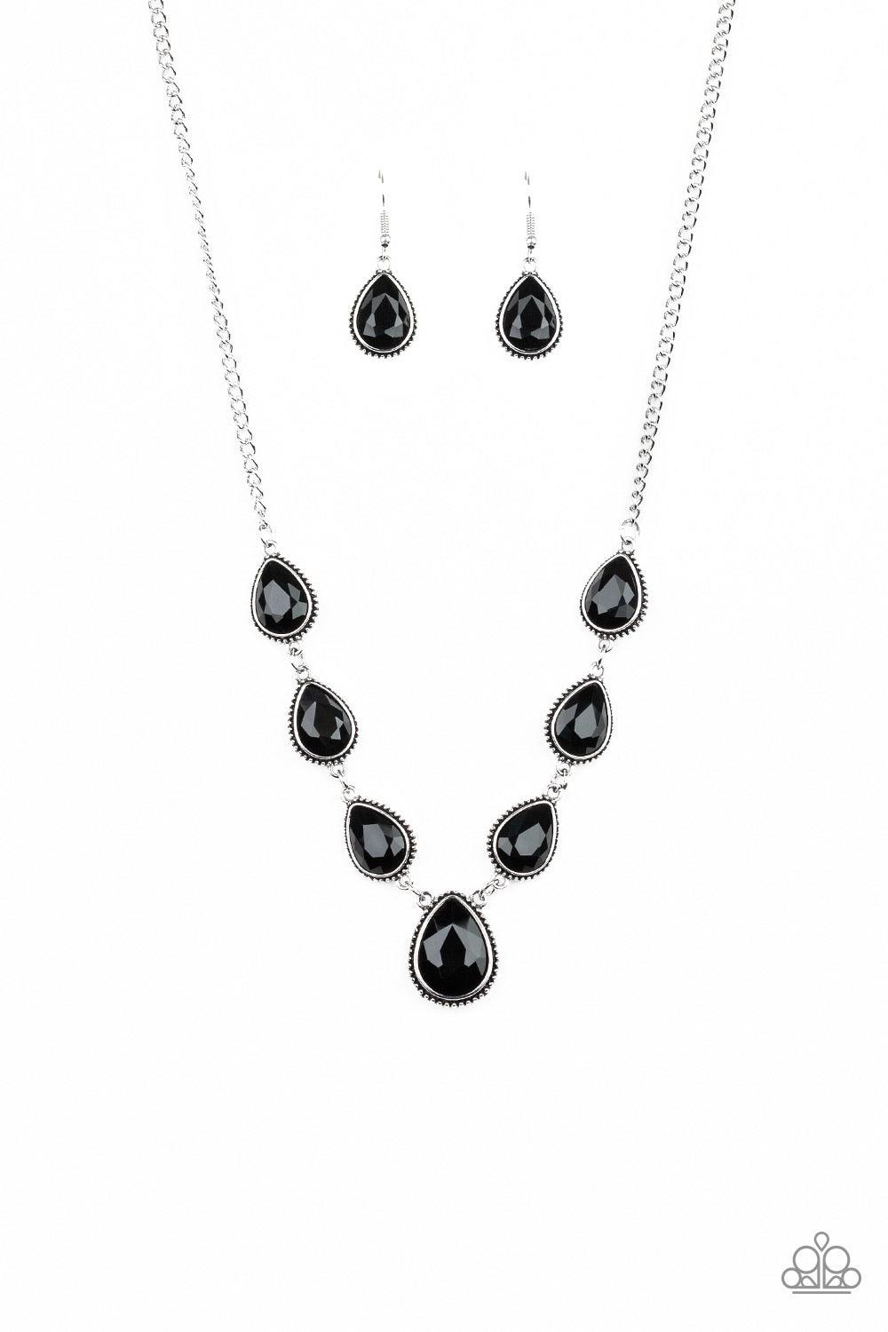 Paparazzi Accessories Socialite Social - Black Featuring ornate silver frames, glassy black teardrop gems link below the collar in a timeless fashion. The largest teardrop swings from the center, creating a glamorous pendant. Features an adjustable clasp