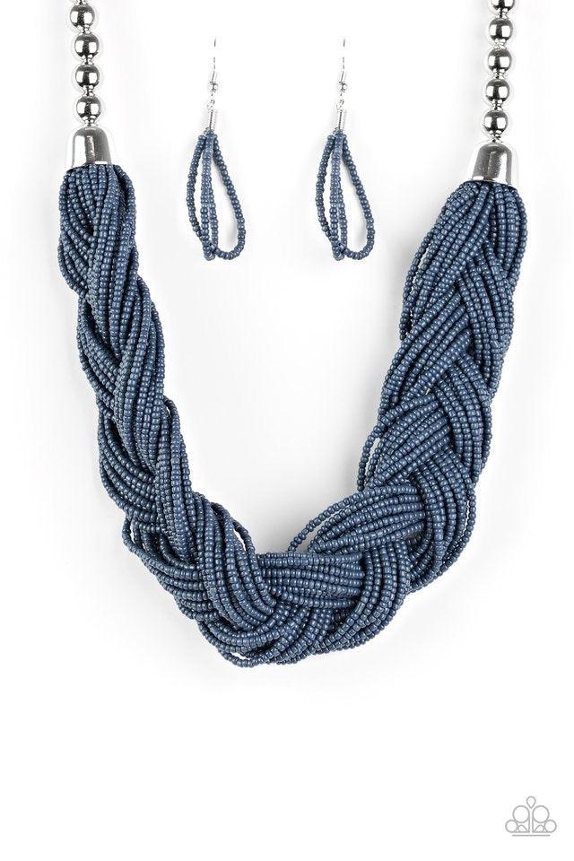 Paparazzi Accessories The Great Outback - Blue Brushed in the refreshing hue of Sargasso Sea, countless seed beads weave into an indigenous braid below the collar. The colorful strands attach to large silver beads, adding a hint of metallic shimmer to the