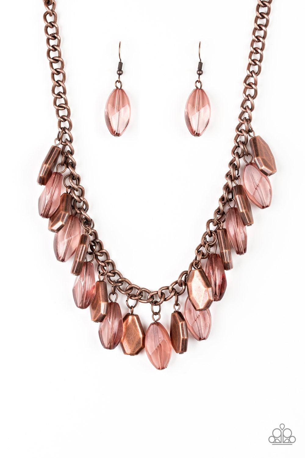 Paparazzi Accessories Fringe Fabulous - Copper Cloudy faceted beads and imperfect copper teardrops drip from the bottom of a shimmery copper chain, creating a sassy fringe below the collar. Features an adjustable clasp closure. Sold as one individual neck