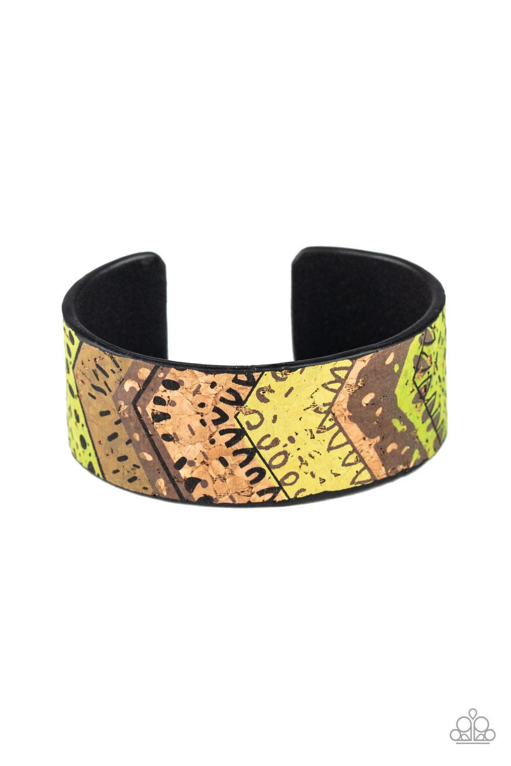 Paparazzi Accessories Come Uncorked - Green Featuring refreshing green accents, patches of cork-like textures coalesce across the front of a cuff for a tribal inspired look. Jewelry
