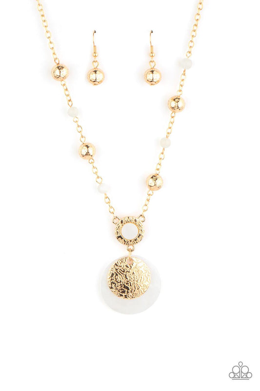 Paparazzi Accessories SEA The Sights - Gold A dainty collection of ornate gold beads and white stone beads dot a dainty gold chain, giving way to a hammered gold ring featuring a shell-like center. A hammered gold disc and white shell-like disc swing from